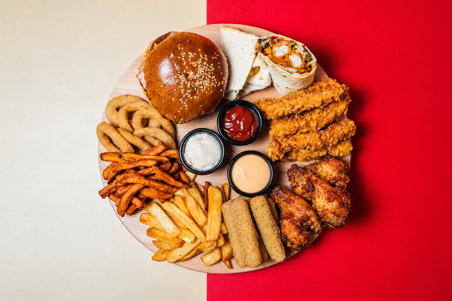Stôl plný jedál Crispyto — burgery, boxy, wrapy a loaded fries